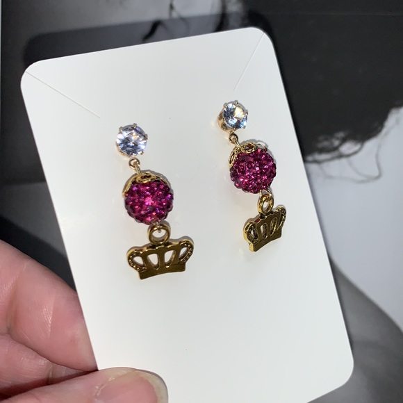 New Hand Crafted Crowns 👑 Post Earrings with Pink Glitter Ball - Picture 3 of 9